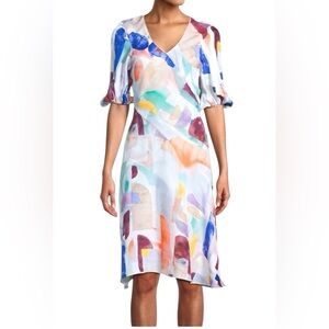ROBERT GRAHAM 'Olivia Watercolor' Colorful Puff Sleeve Abstract Print Dress, 10